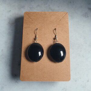 Oval Black Acrylic Dangle Earrings With Silver Hooks Fashion Costume Accessory